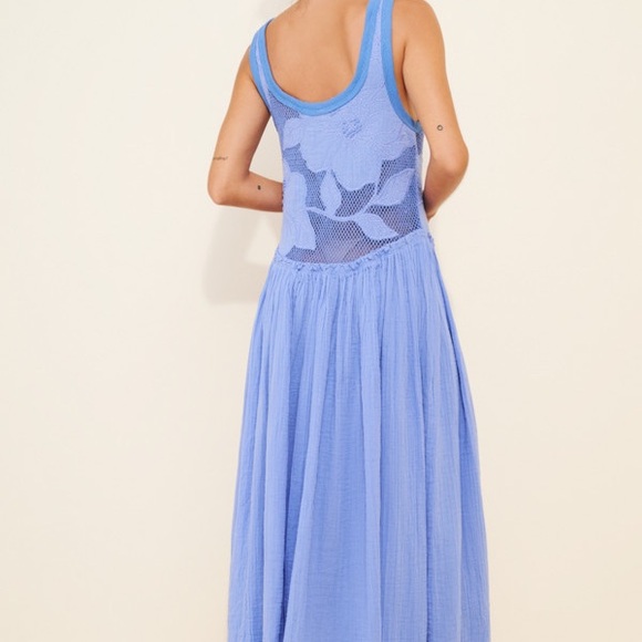 Free People Pearl Floral Maxi Dress Periwinkle Blue Sz Small Boho Open Knit $198 - Picture 3 of 13